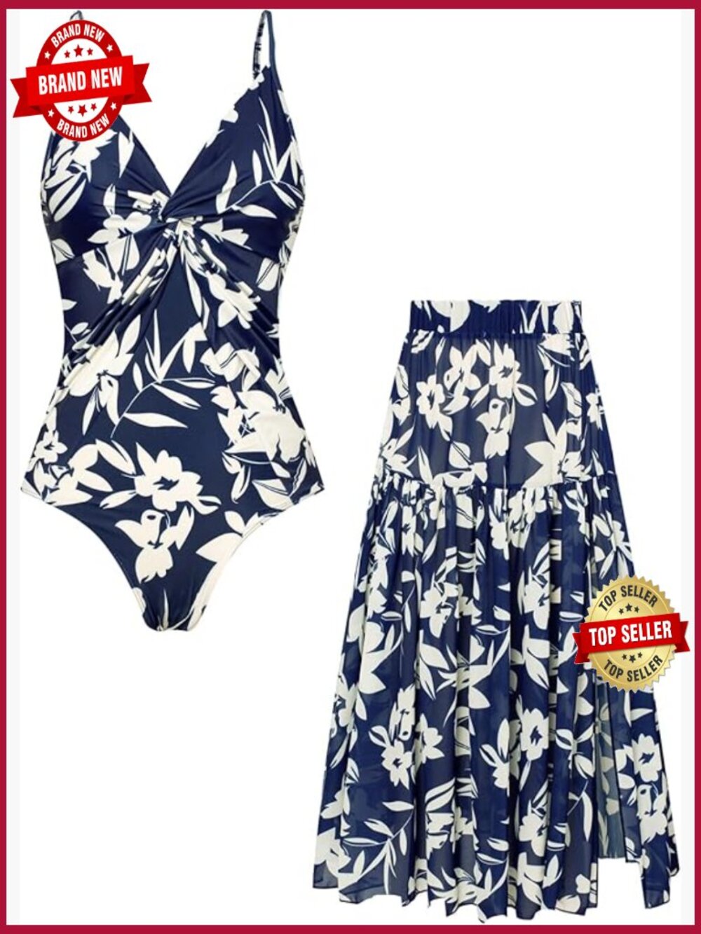 One Piece Swimsuit with Cover Up Skirt Tummy Control V Neck